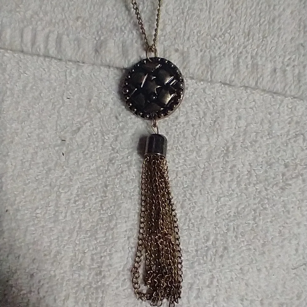 Long goldtone tassel coin chain necklace